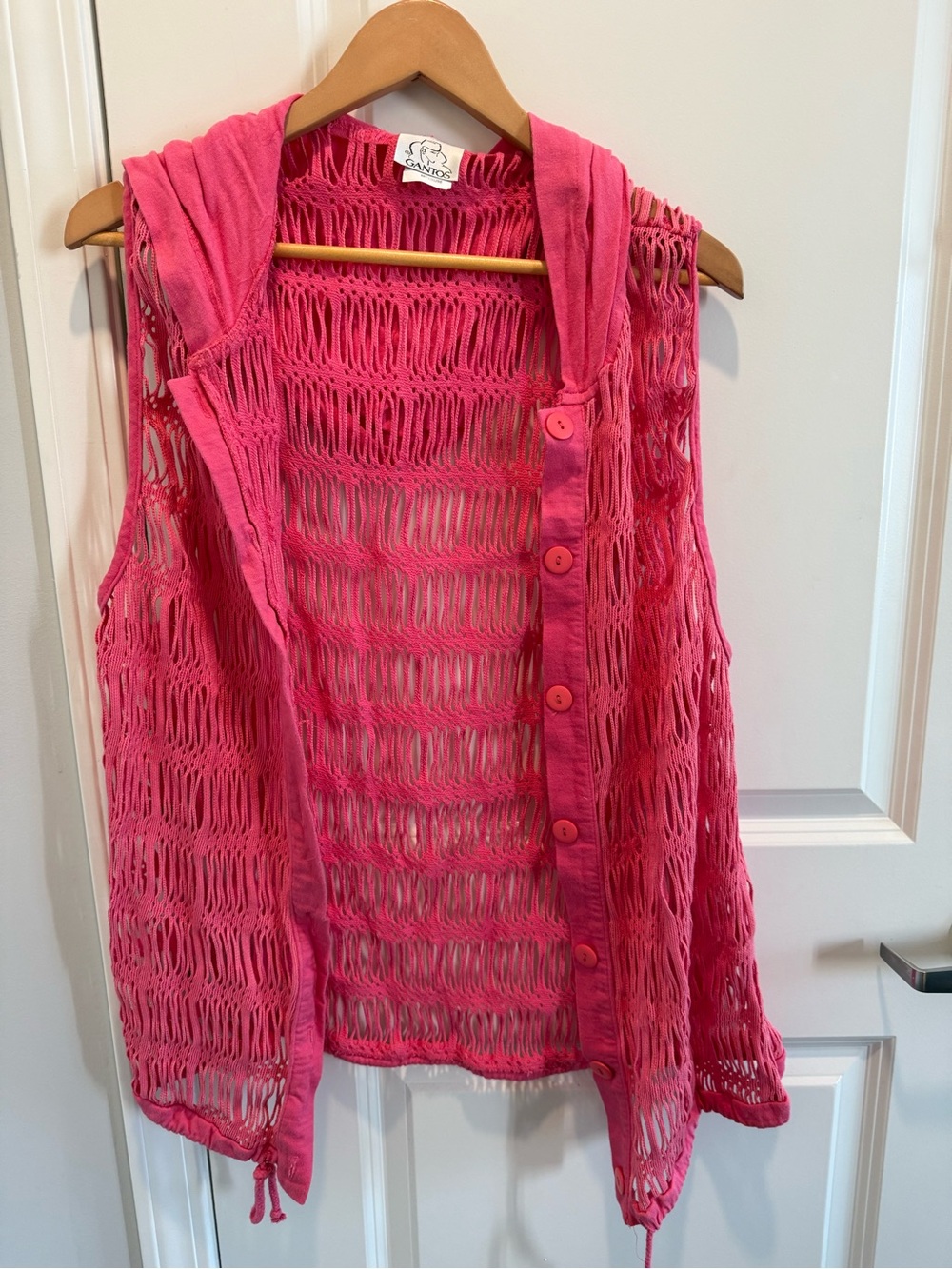 Vintage Gantos Pink Hooded Open Knit Cardigan Vest Size Medium Boho Festival